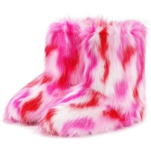 Faux Fur Pink and Red Round-Toe Suede Winter Mid-Calf Boots-Size 6-NWT